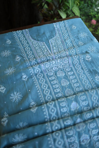 Dusky Blue Mal Chanderi Silk Chikankari With Sequins Unstitched Kurta Dupatta Set
