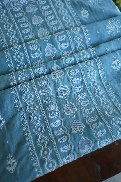 Dusky Blue Mal Chanderi Silk Chikankari With Sequins Unstitched Kurta Dupatta Set