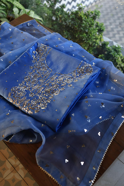 Dusky Blue Shade Chanderi Silk Mukaish Badla Unstitched Fabrics