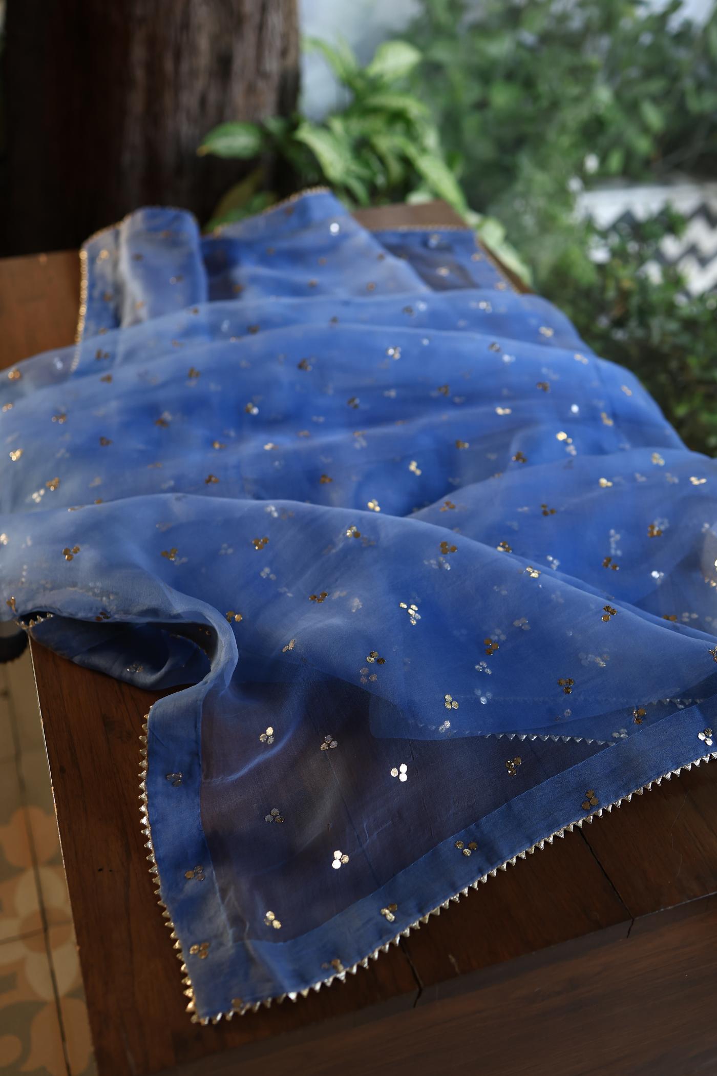 Dusky Blue Shade Chanderi Silk Mukaish Badla Unstitched Fabrics