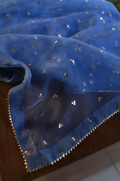 Dusky Blue Shade Chanderi Silk Mukaish Badla Unstitched Fabrics