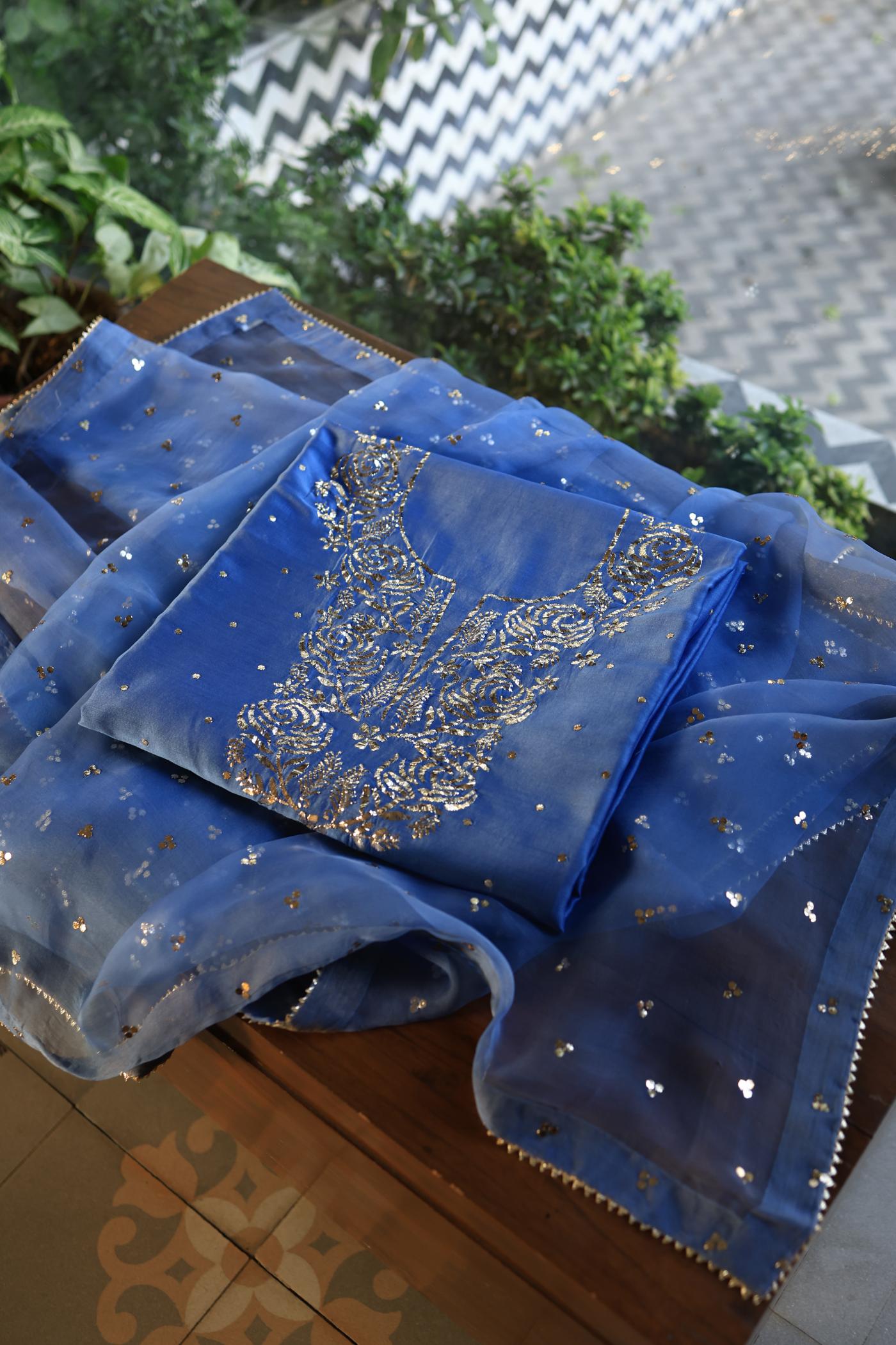 Dusky Blue Shade Chanderi Silk Mukaish Badla Unstitched Fabrics