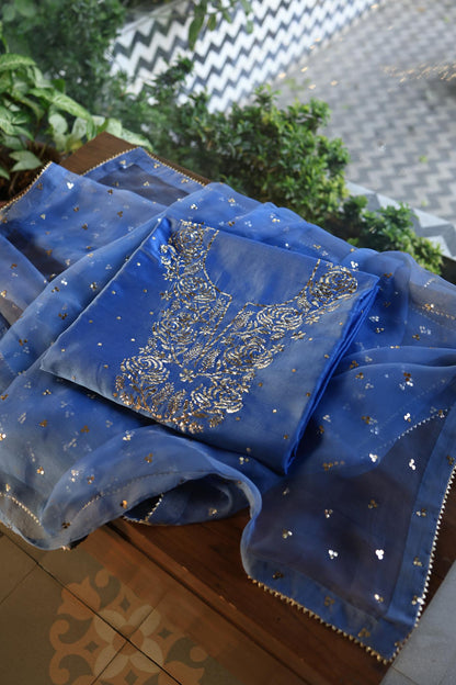 Dusky Blue Shade Chanderi Silk Mukaish Badla Unstitched Fabrics