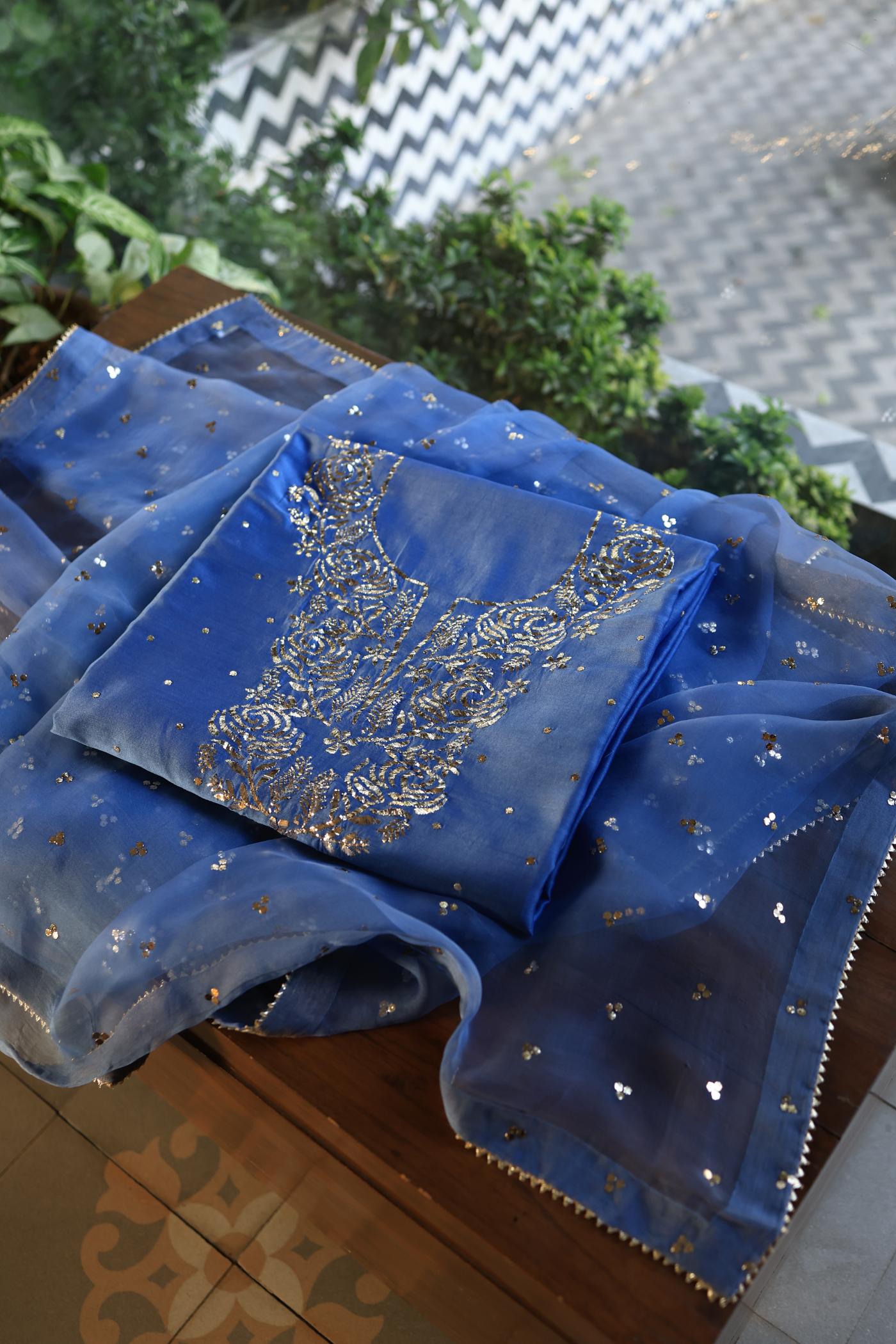 Dusky Blue Shade Chanderi Silk Mukaish Badla Unstitched Fabrics