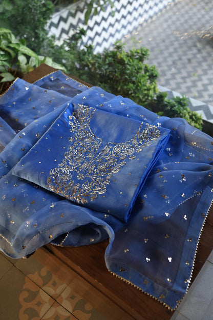 Dusky Blue Shade Chanderi Silk Mukaish Badla Unstitched Fabrics