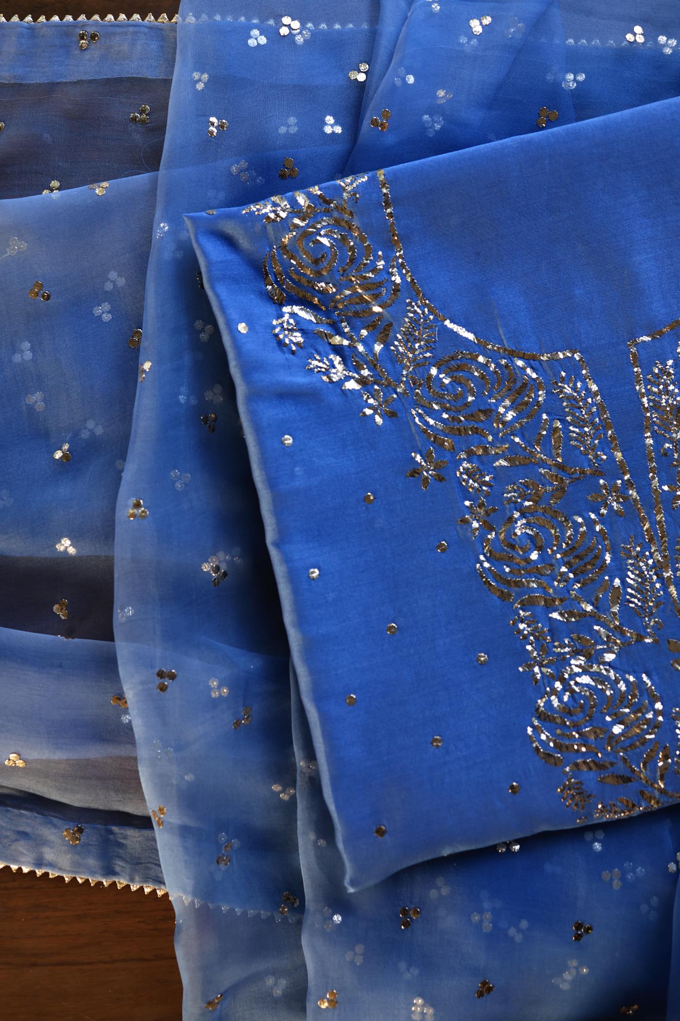 Dusky Blue Shade Chanderi Silk Mukaish Badla Unstitched Fabrics