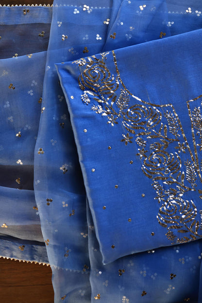 Dusky Blue Shade Chanderi Silk Mukaish Badla Unstitched Fabrics