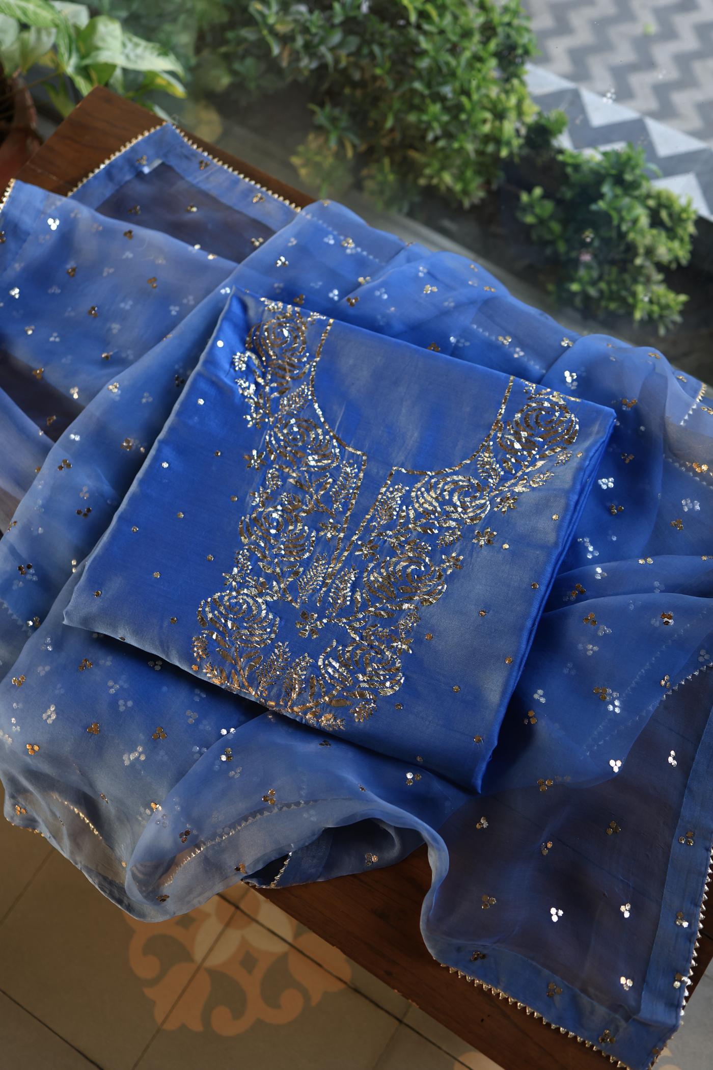 Dusky Blue Shade Chanderi Silk Mukaish Badla Unstitched Fabrics