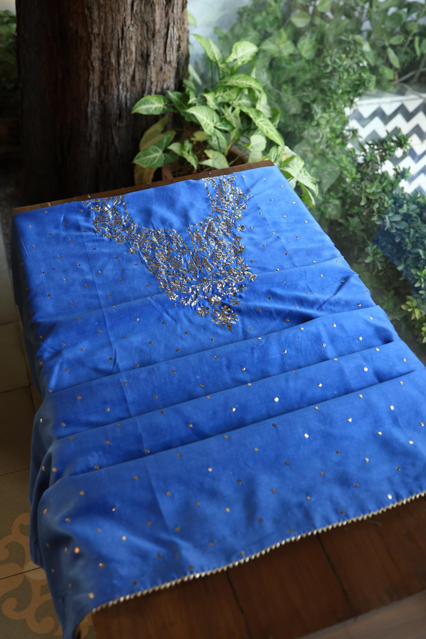 Dusky Blue Shade Chanderi Silk Mukaish Badla Unstitched Fabrics