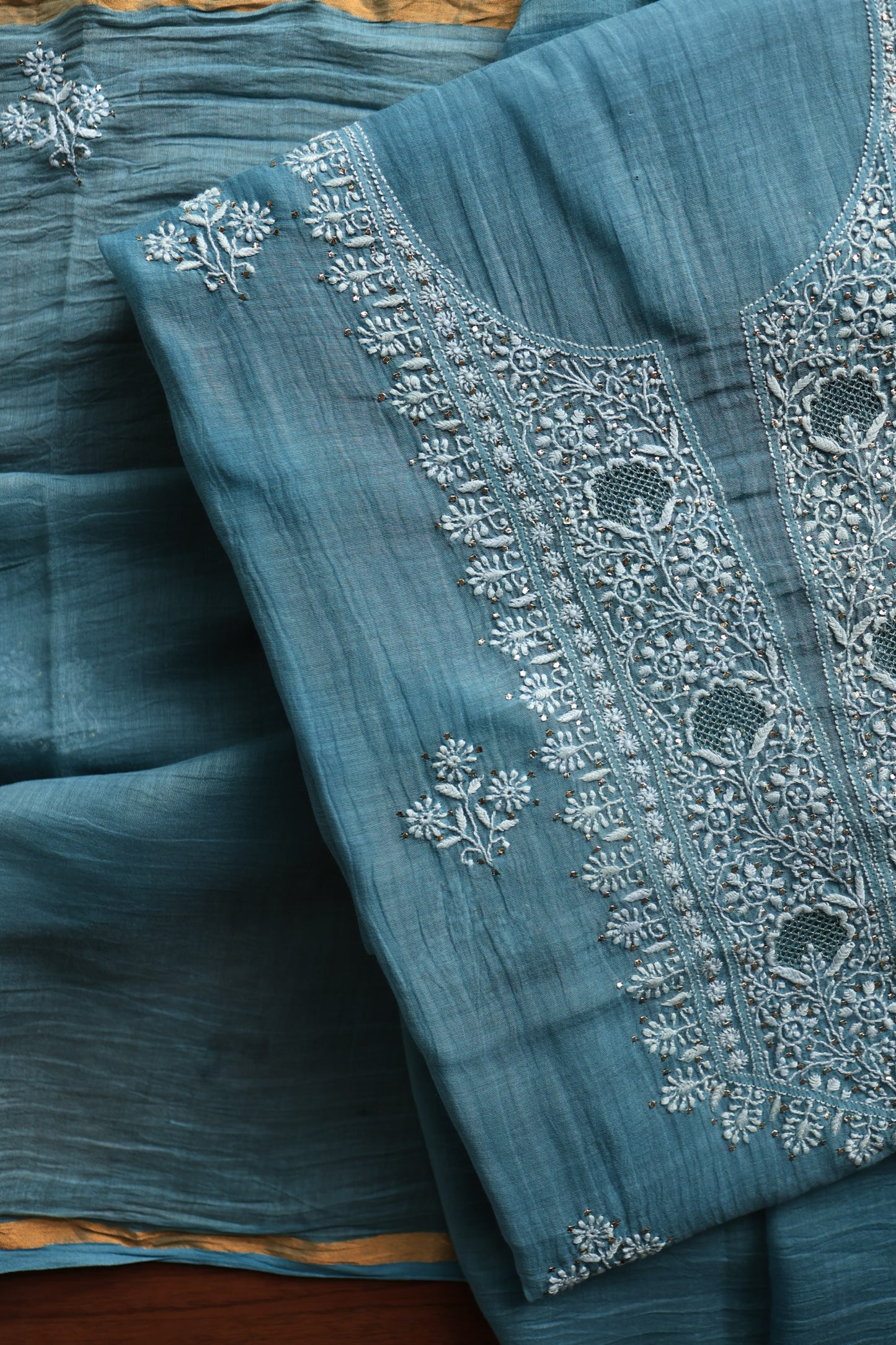 Dusky Blue Shade Mal Cotton Chikankari Unstitched Fabrics With Kamdani
