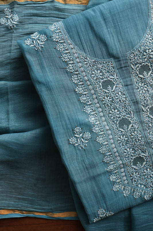 Dusky Blue Shade Mal Cotton Chikankari Unstitched Fabrics With Kamdani