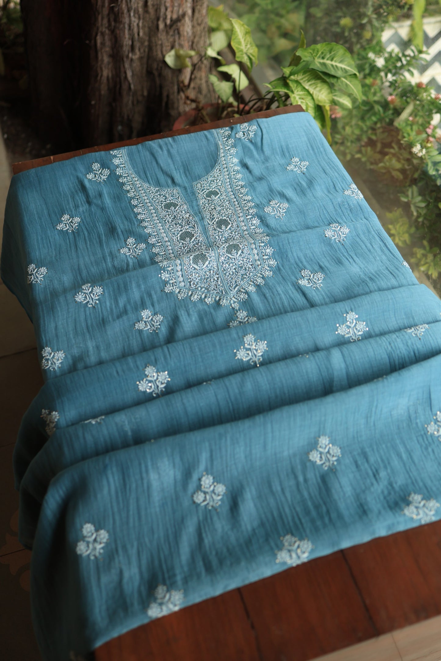 Dusky Blue Shade Mal Cotton Chikankari Unstitched Fabrics With Kamdani