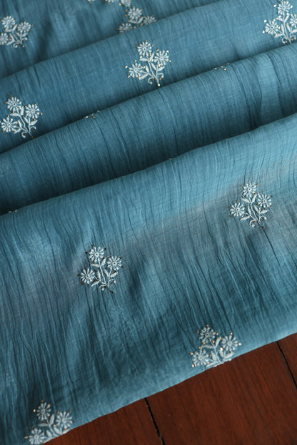Dusky Blue Shade Mal Cotton Chikankari Unstitched Fabrics With Kamdani