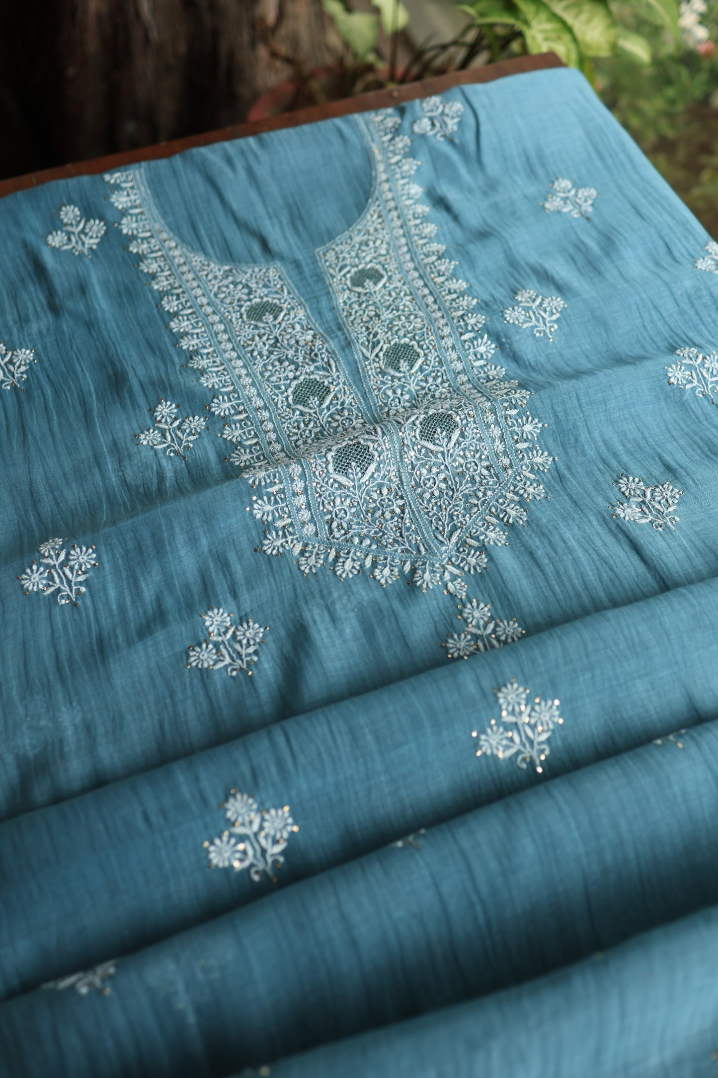 Dusky Blue Shade Mal Cotton Chikankari Unstitched Fabrics With Kamdani