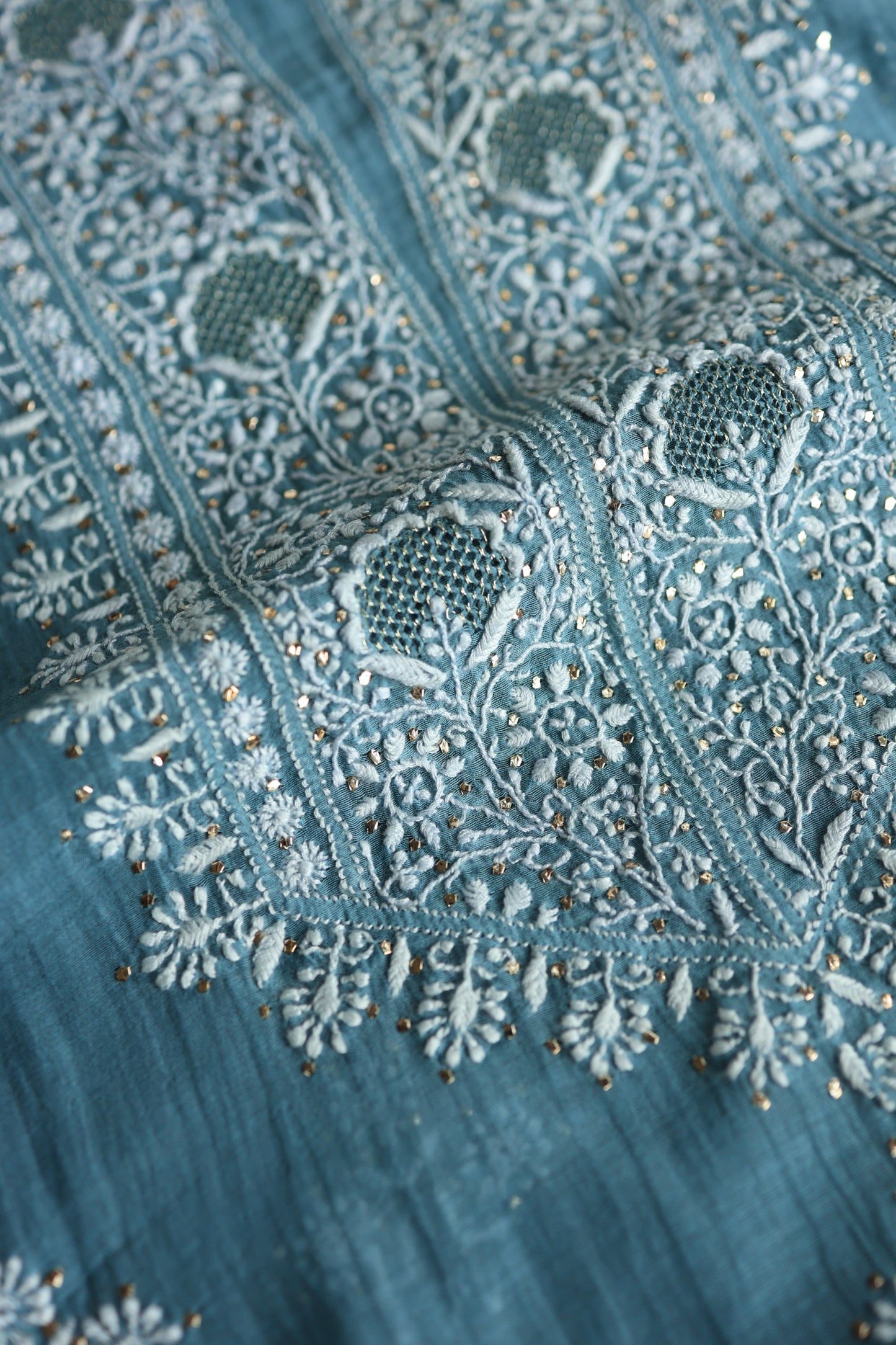 Dusky Blue Shade Mal Cotton Chikankari Unstitched Fabrics With Kamdani