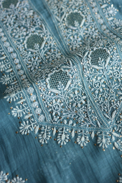 Dusky Blue Shade Mal Cotton Chikankari Unstitched Fabrics With Kamdani