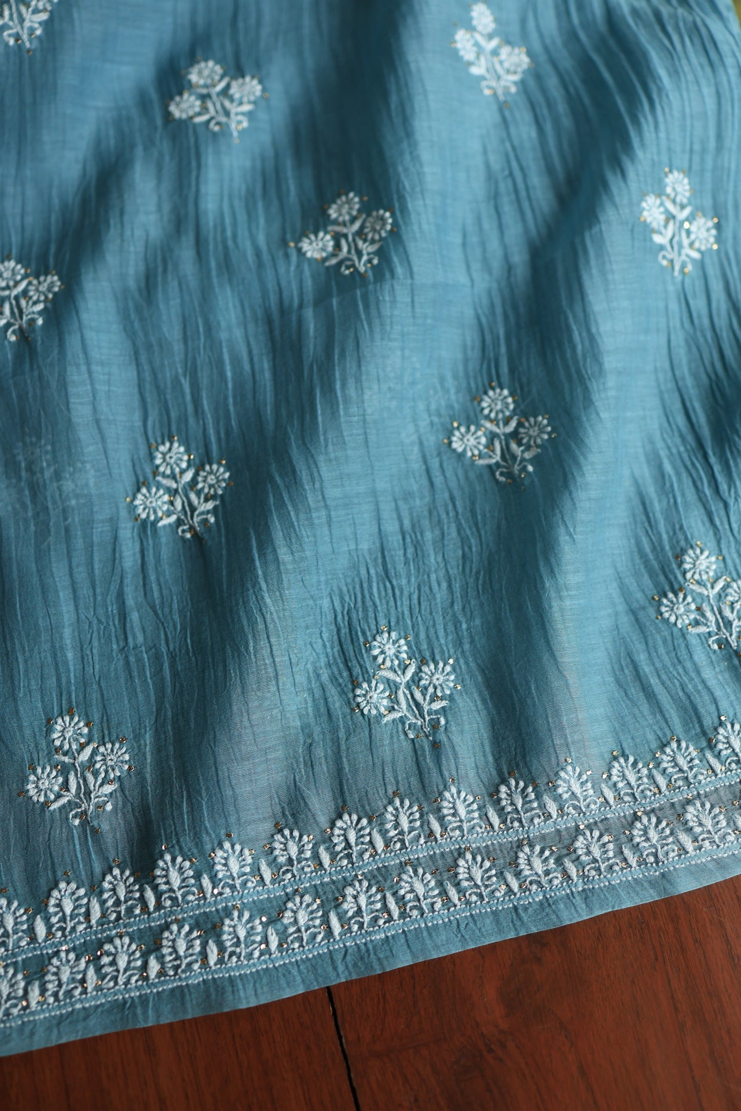 Dusky Blue Shade Mal Cotton Chikankari Unstitched Fabrics With Kamdani