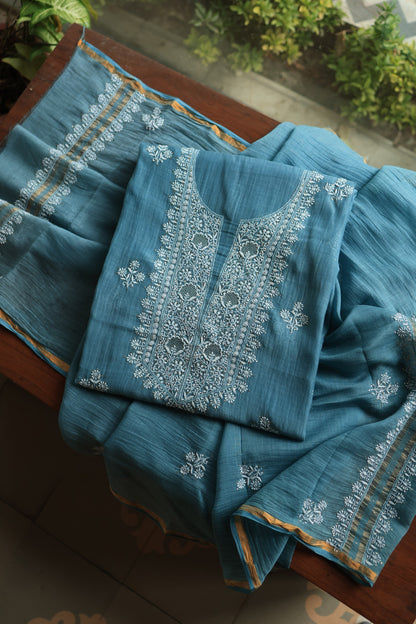 Dusky Blue Shade Mal Cotton Chikankari Unstitched Fabrics With Kamdani