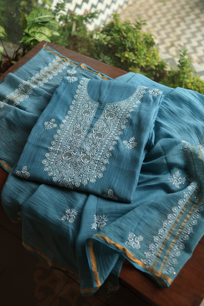 Dusky Blue Shade Mal Cotton Chikankari Unstitched Fabrics With Kamdani