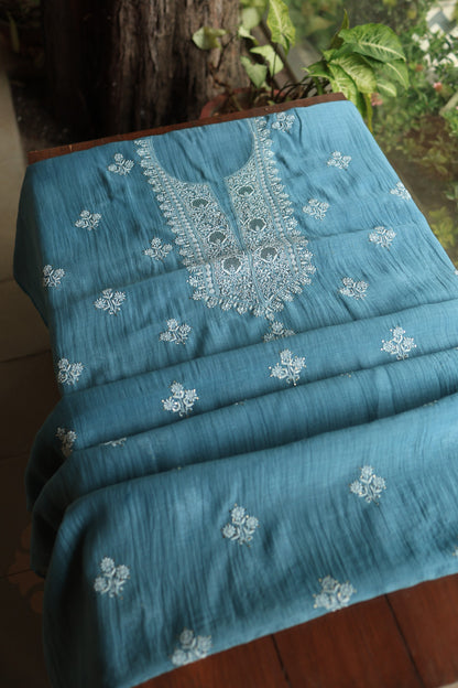 Dusky Blue Shade Mal Cotton Chikankari Unstitched Fabrics With Kamdani