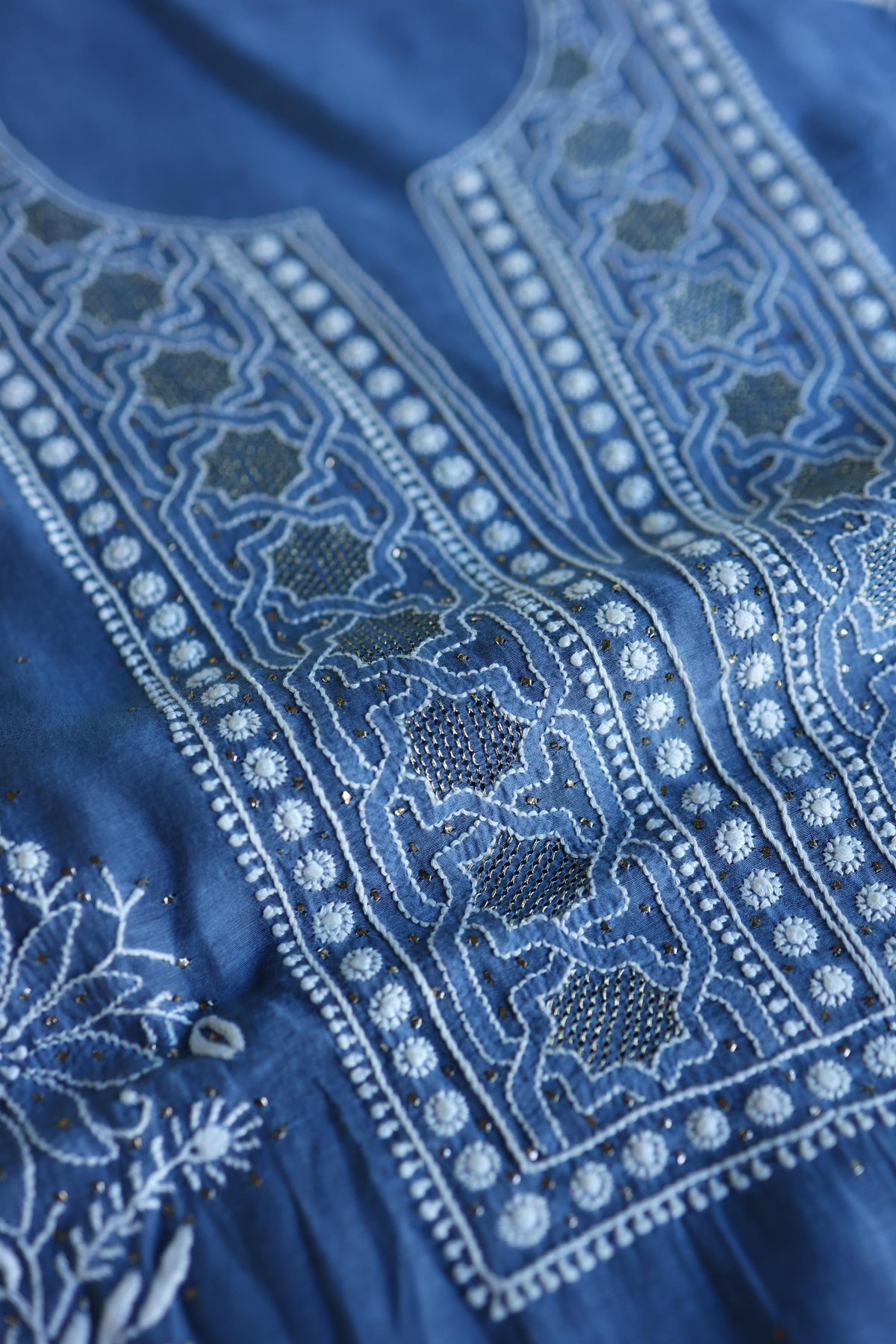 Dusky Blue Shade Mal Cotton Fine Chikankari With Kamdani Work Unstitched Fabric