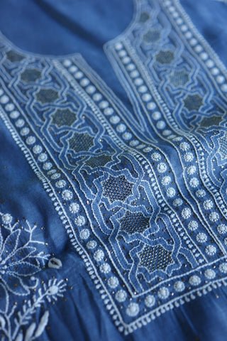 Dusky Blue Shade Mal Cotton Fine Chikankari With Kamdani Work Unstitched Fabric