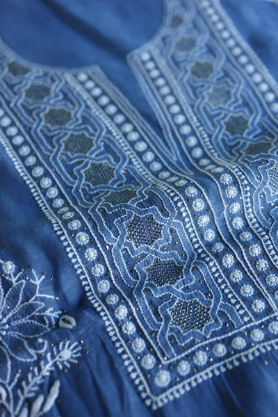Dusky Blue Shade Mal Cotton Fine Chikankari With Kamdani Work Unstitched Fabric
