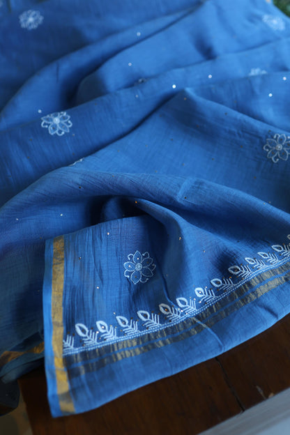 Dusky Blue Shade Mal Cotton Fine Chikankari With Kamdani Work Unstitched Fabric