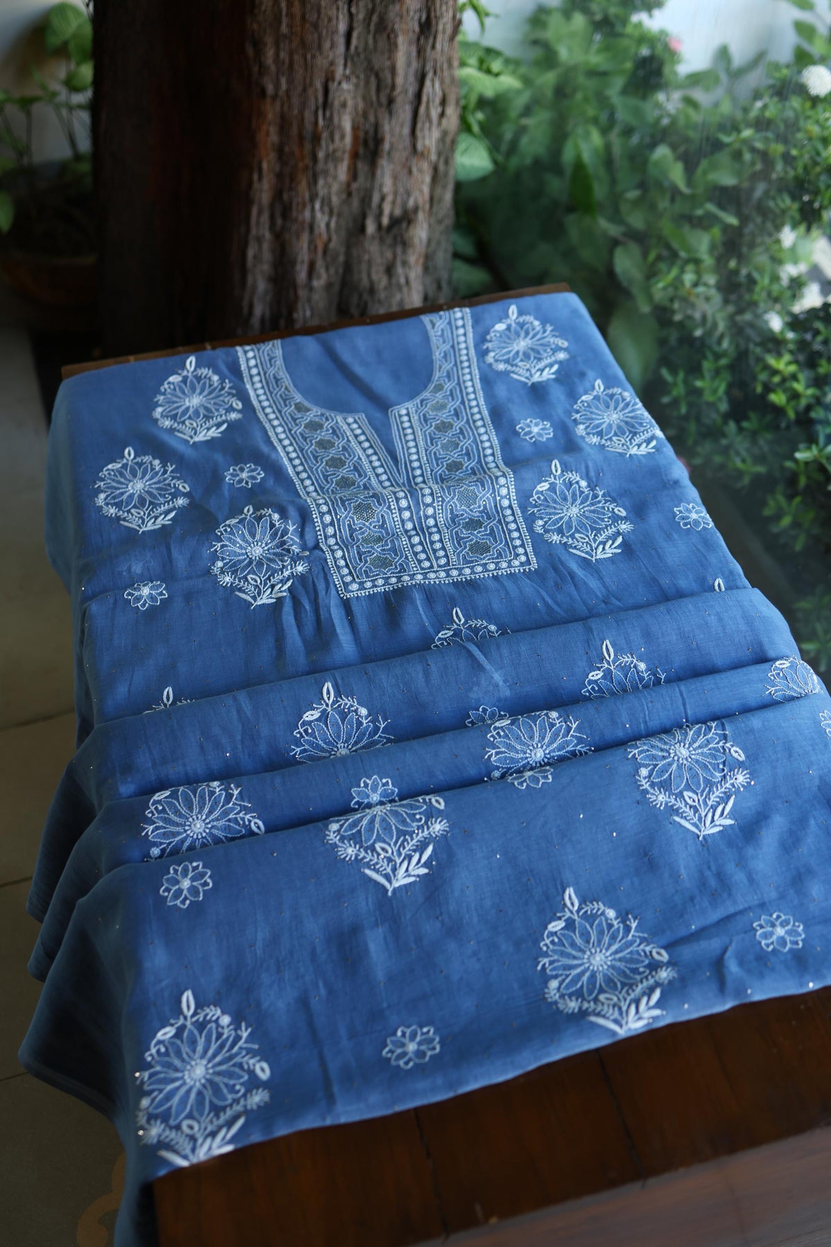 Dusky Blue Shade Mal Cotton Fine Chikankari With Kamdani Work Unstitched Fabric