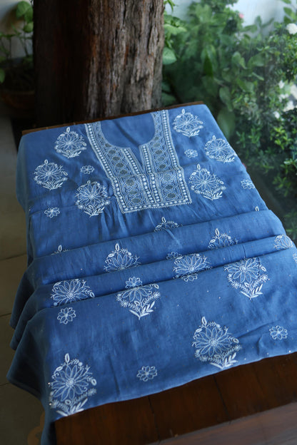 Dusky Blue Shade Mal Cotton Fine Chikankari With Kamdani Work Unstitched Fabric