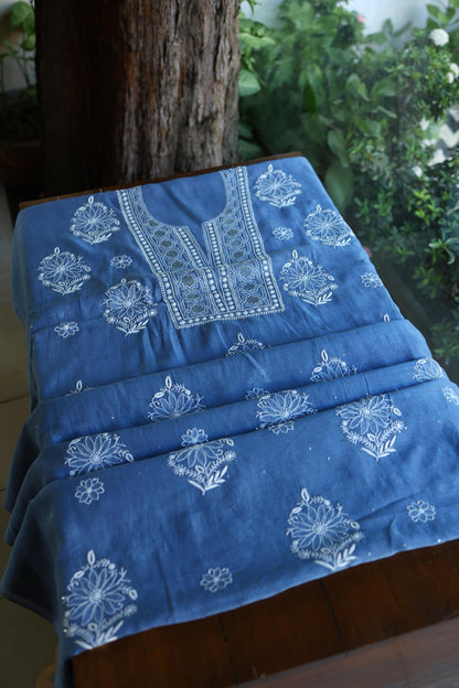 Dusky Blue Shade Mal Cotton Fine Chikankari With Kamdani Work Unstitched Fabric