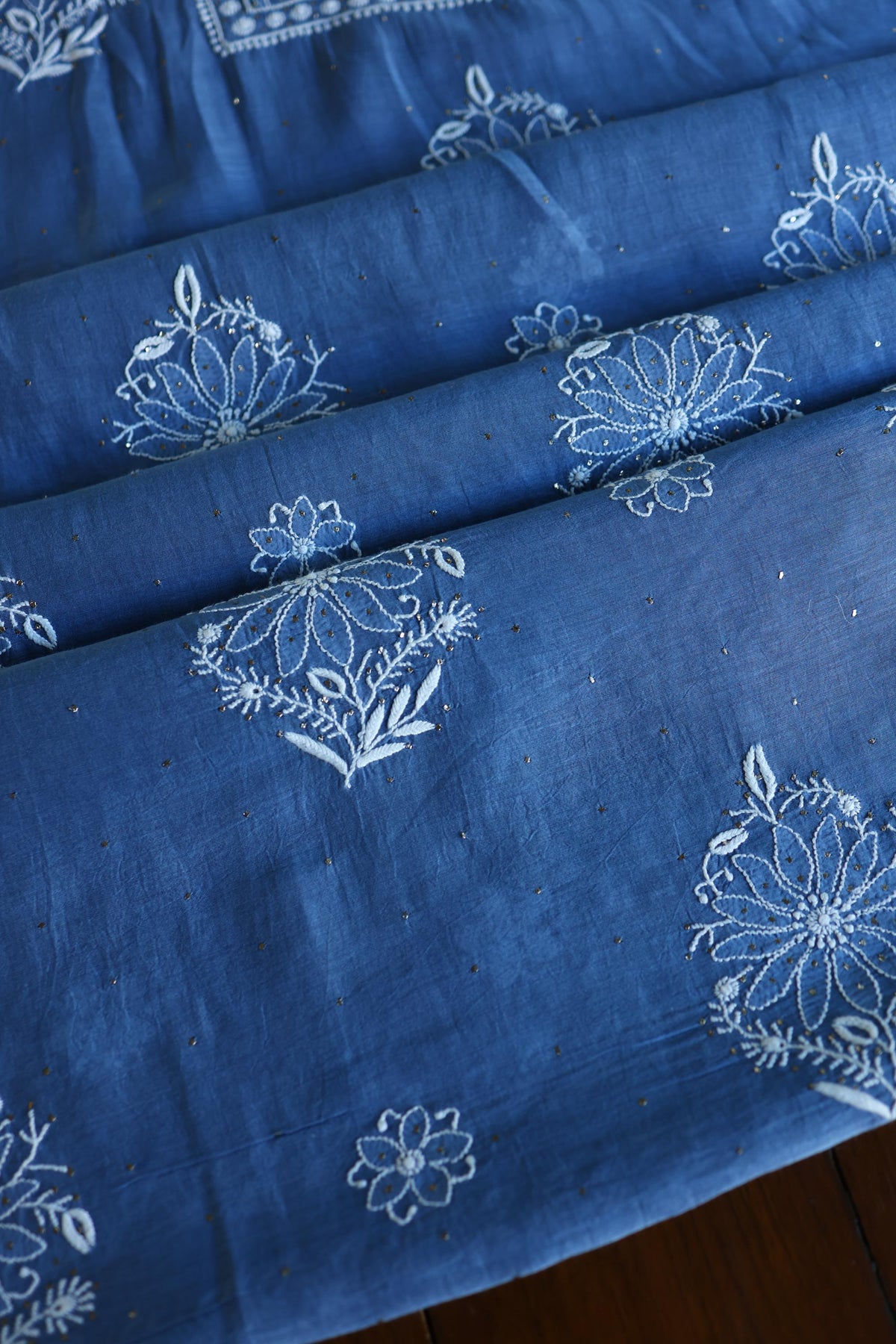 Dusky Blue Shade Mal Cotton Fine Chikankari With Kamdani Work Unstitched Fabric