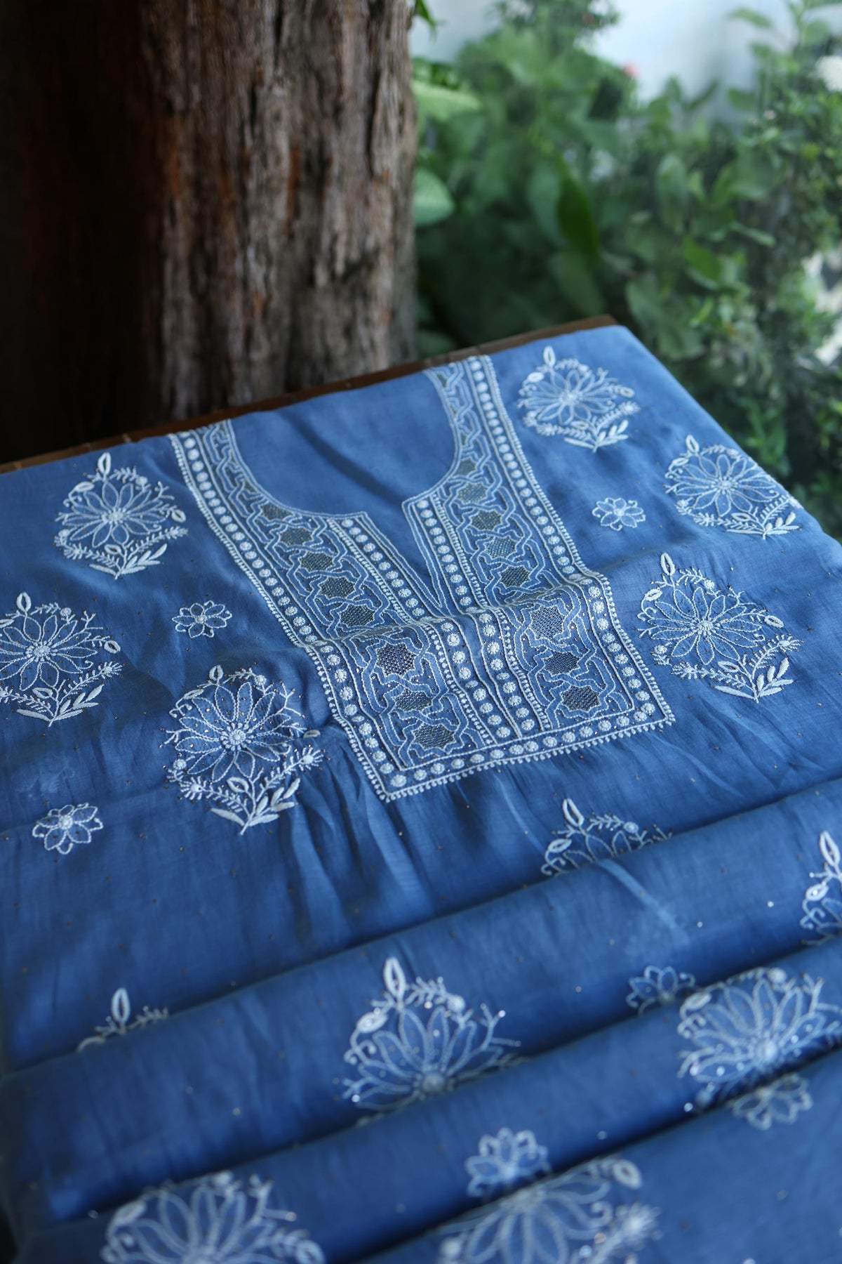 Dusky Blue Shade Mal Cotton Fine Chikankari With Kamdani Work Unstitched Fabric
