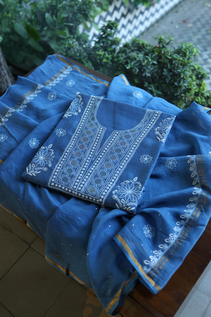 Dusky Blue Shade Mal Cotton Fine Chikankari With Kamdani Work Unstitched Fabric