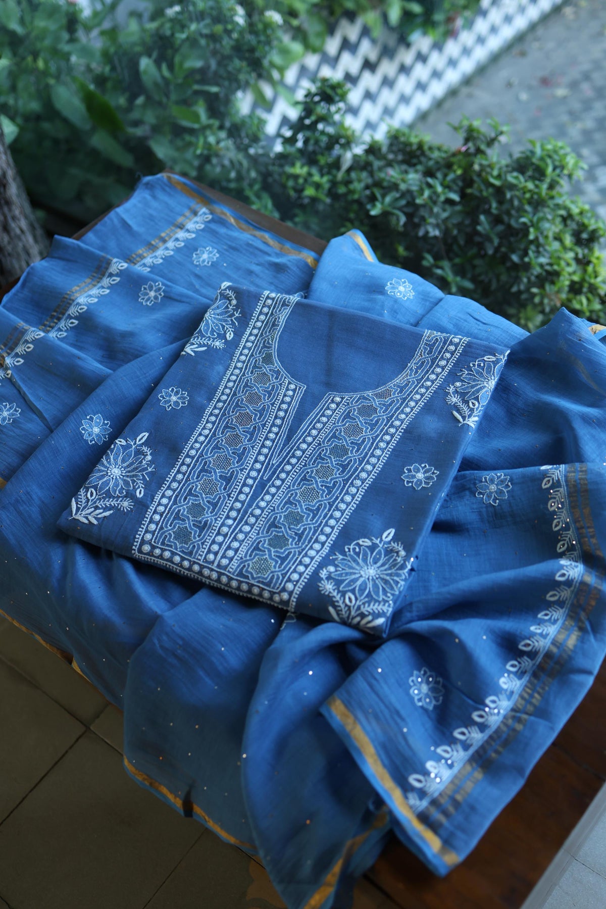 Dusky Blue Shade Mal Cotton Fine Chikankari With Kamdani Work Unstitched Fabric