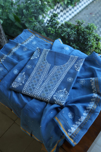Dusky Blue Shade Mal Cotton Fine Chikankari With Kamdani Work Unstitched Fabric