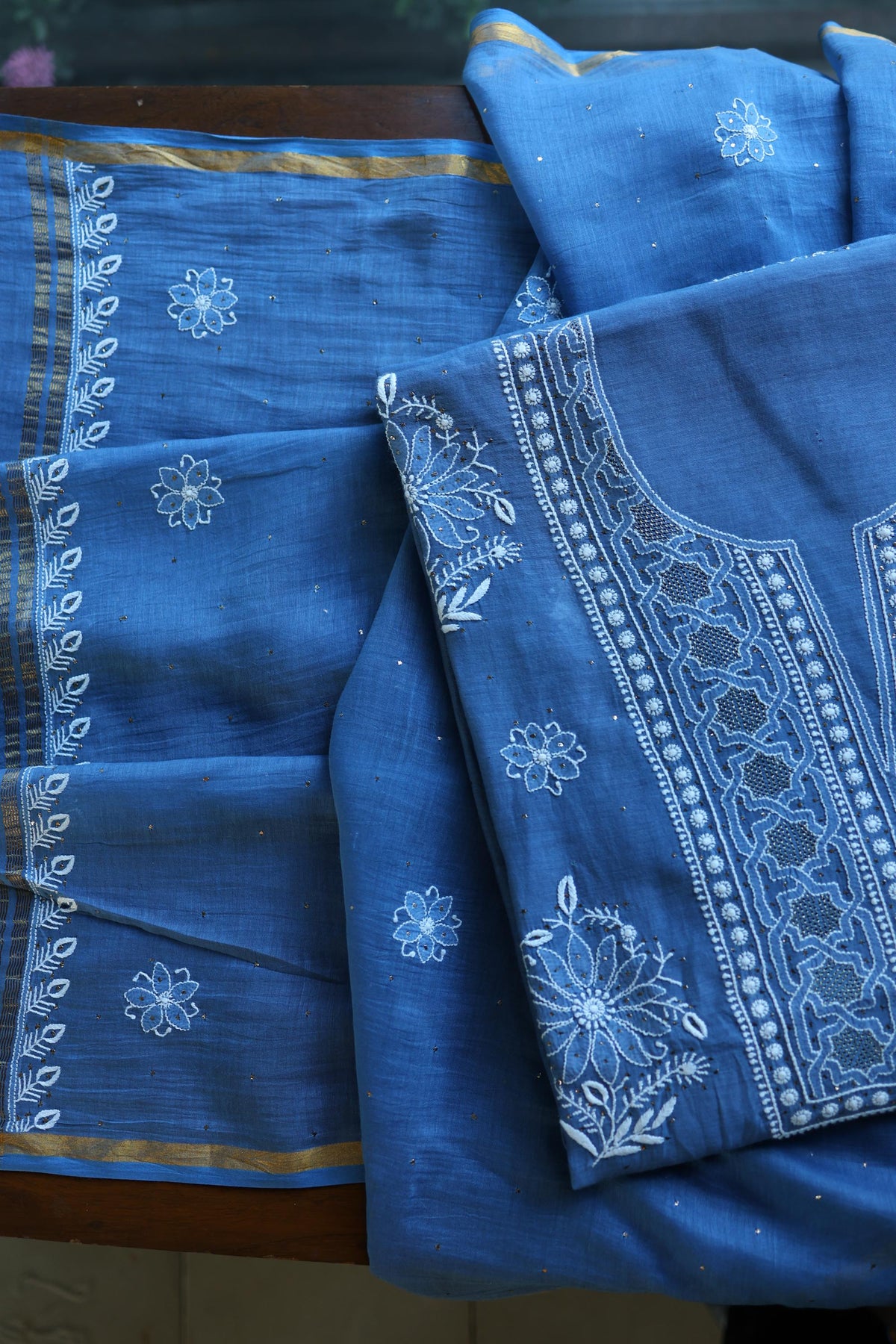 Dusky Blue Shade Mal Cotton Fine Chikankari With Kamdani Work Unstitched Fabric