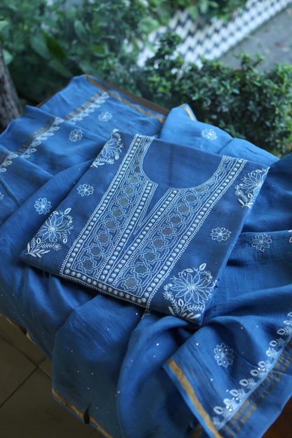 Dusky Blue Shade Mal Cotton Fine Chikankari With Kamdani Work Unstitched Fabric