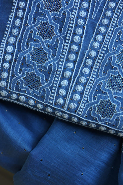 Dusky Blue Shade Mal Cotton Fine Chikankari With Kamdani Work Unstitched Fabric