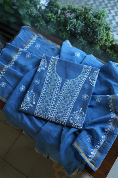 Dusky Blue Shade Mal Cotton Fine Chikankari With Kamdani Work Unstitched Fabric