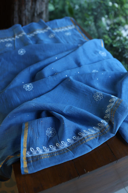 Dusky Blue Shade Mal Cotton Fine Chikankari With Kamdani Work Unstitched Fabric