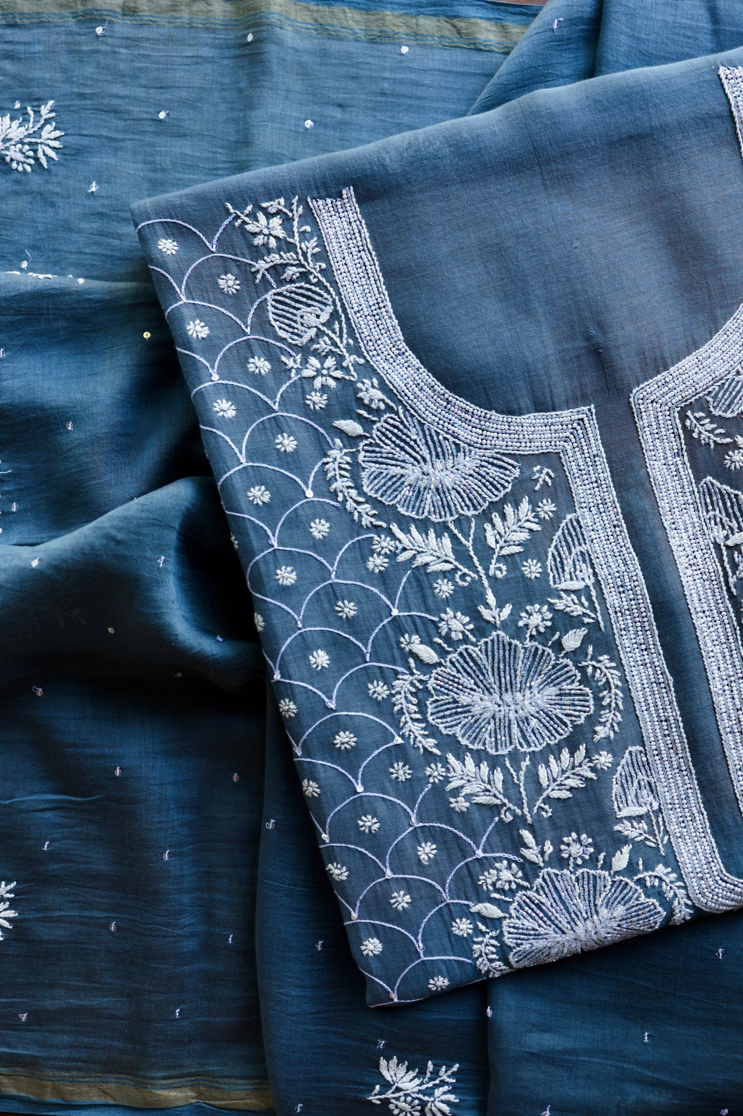 Dusky Blue Shade Malmal Pearl Work Chikankari Fabric