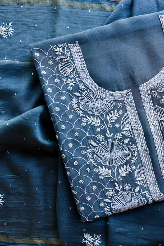 Dusky Blue Shade Malmal Pearl Work Chikankari Fabric