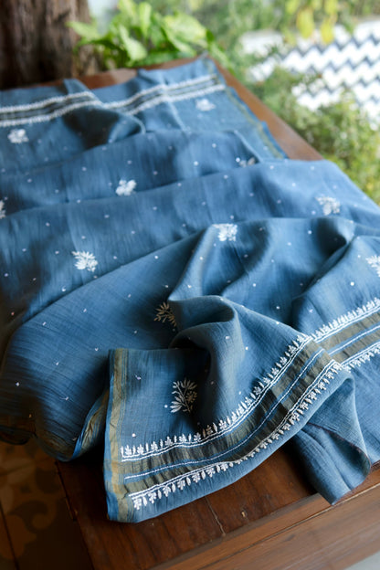Dusky Blue Shade Malmal Pearl Work Chikankari Fabric