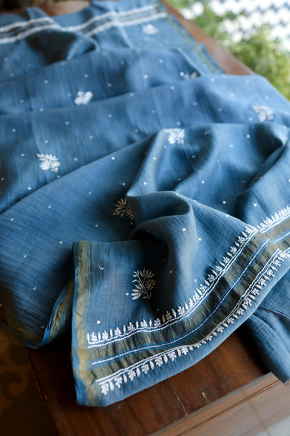 Dusky Blue Shade Malmal Pearl Work Chikankari Fabric
