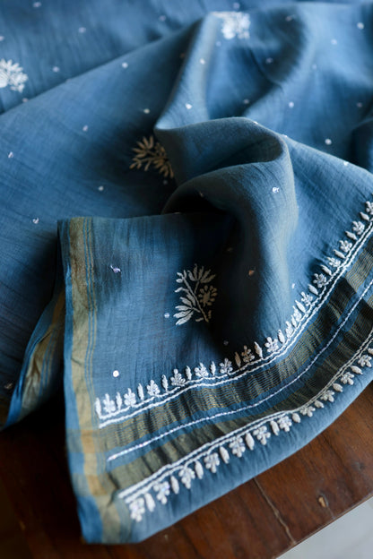 Dusky Blue Shade Malmal Pearl Work Chikankari Fabric
