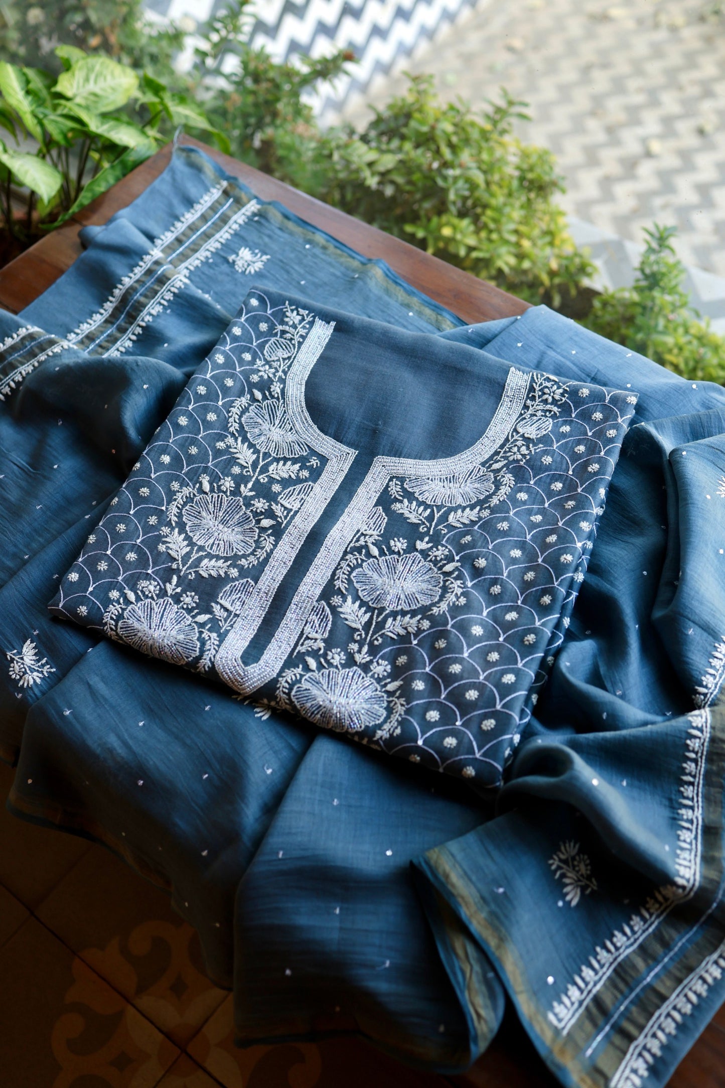 Dusky Blue Shade Malmal Pearl Work Chikankari Fabric