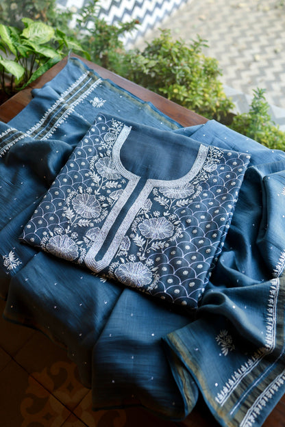Dusky Blue Shade Malmal Pearl Work Chikankari Fabric
