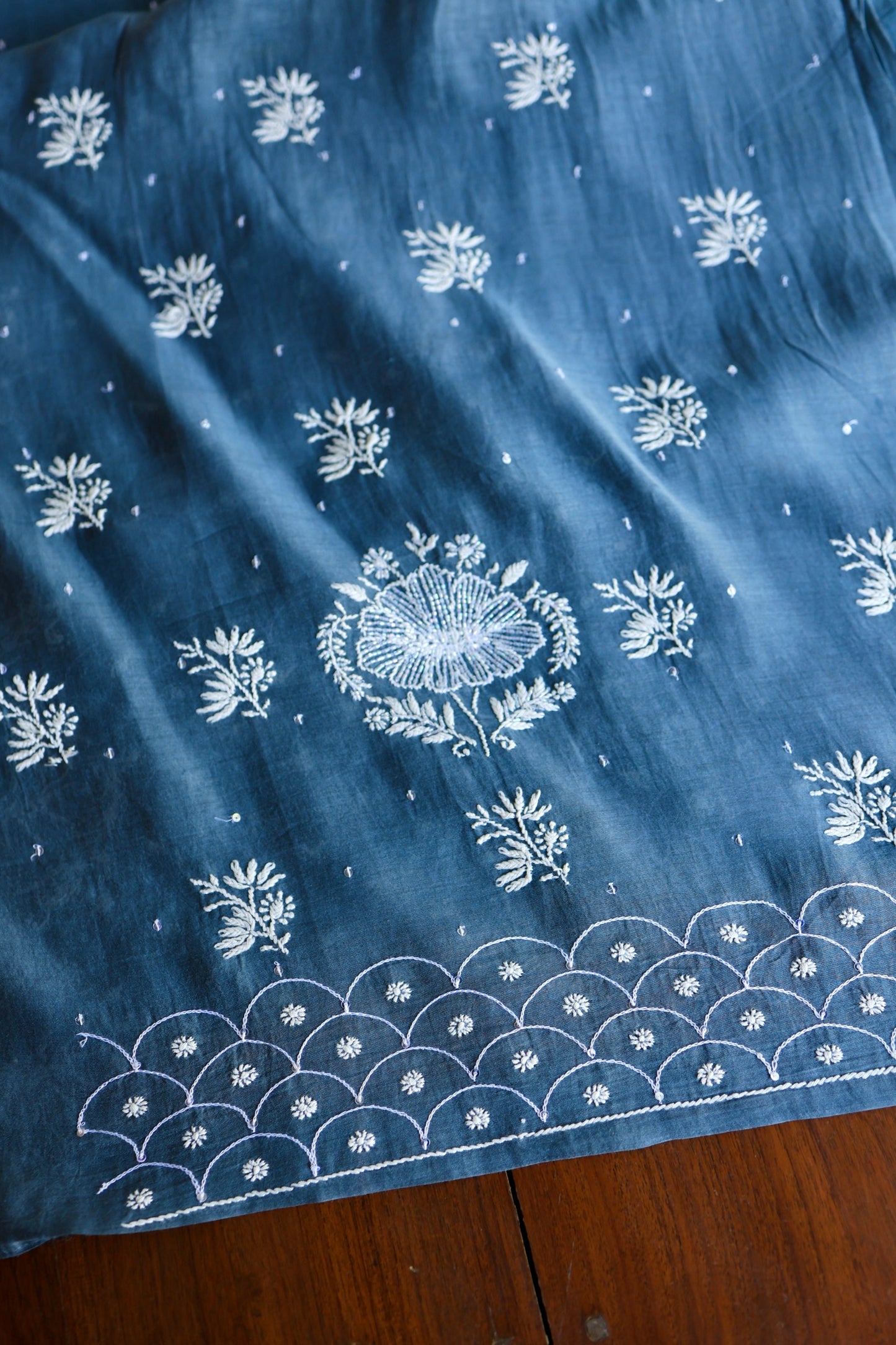 Dusky Blue Shade Malmal Pearl Work Chikankari Fabric