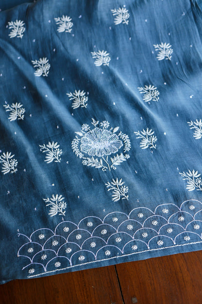 Dusky Blue Shade Malmal Pearl Work Chikankari Fabric